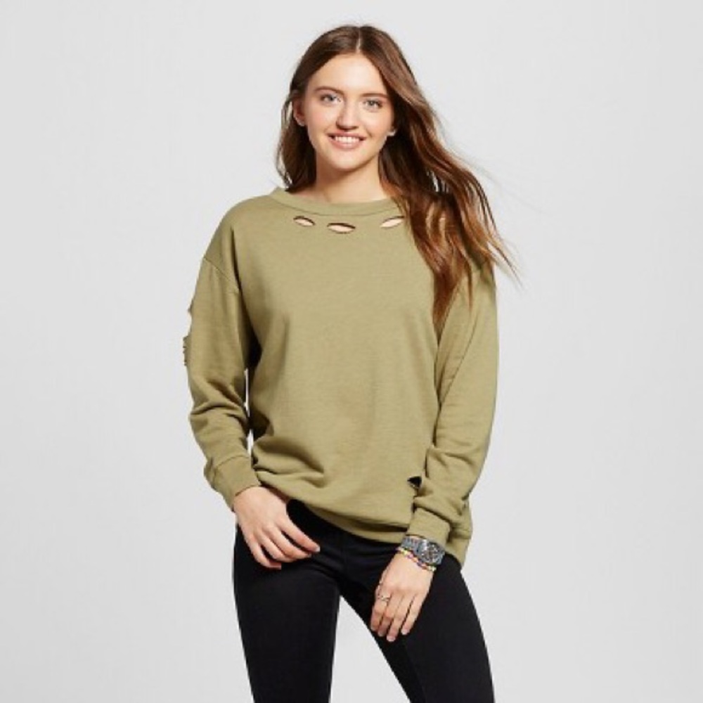 Mossimo Supply Co. Olive Green Distressed Crewneck Sweater